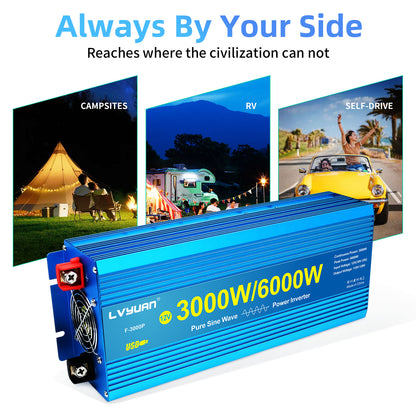 LVYUAN 3000W 6000W Peak Power Inverter DC 12V to AC 110V Pure Sine Wave Car Battery Inverter 3 AC Outlets & 2 USB Charger Adapter LCD Display for Car, RV, Truck, Camping, Home Backup, Emergency Power