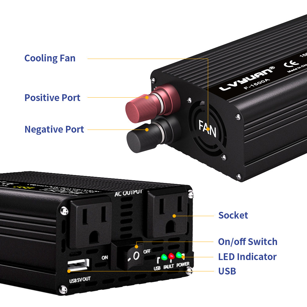 LVYUAN 1500 Watts Peak Power Inverter Modified Sine Wave DC 12V to AC 110V 120V Car Converter 2 AC Outlets + USB Adapter USB Charger for Car, RV, Camping & Home Backup Black