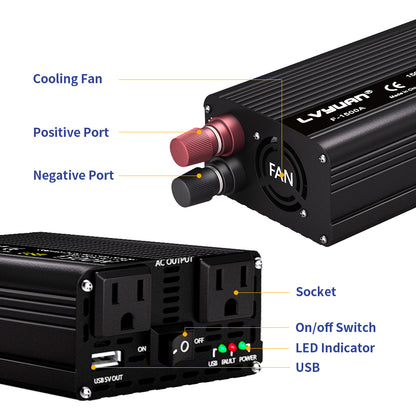 LVYUAN 1500 Watts Peak Power Inverter Modified Sine Wave DC 12V to AC 110V 120V Car Converter 2 AC Outlets + USB Adapter USB Charger for Car, RV, Camping & Home Backup Black