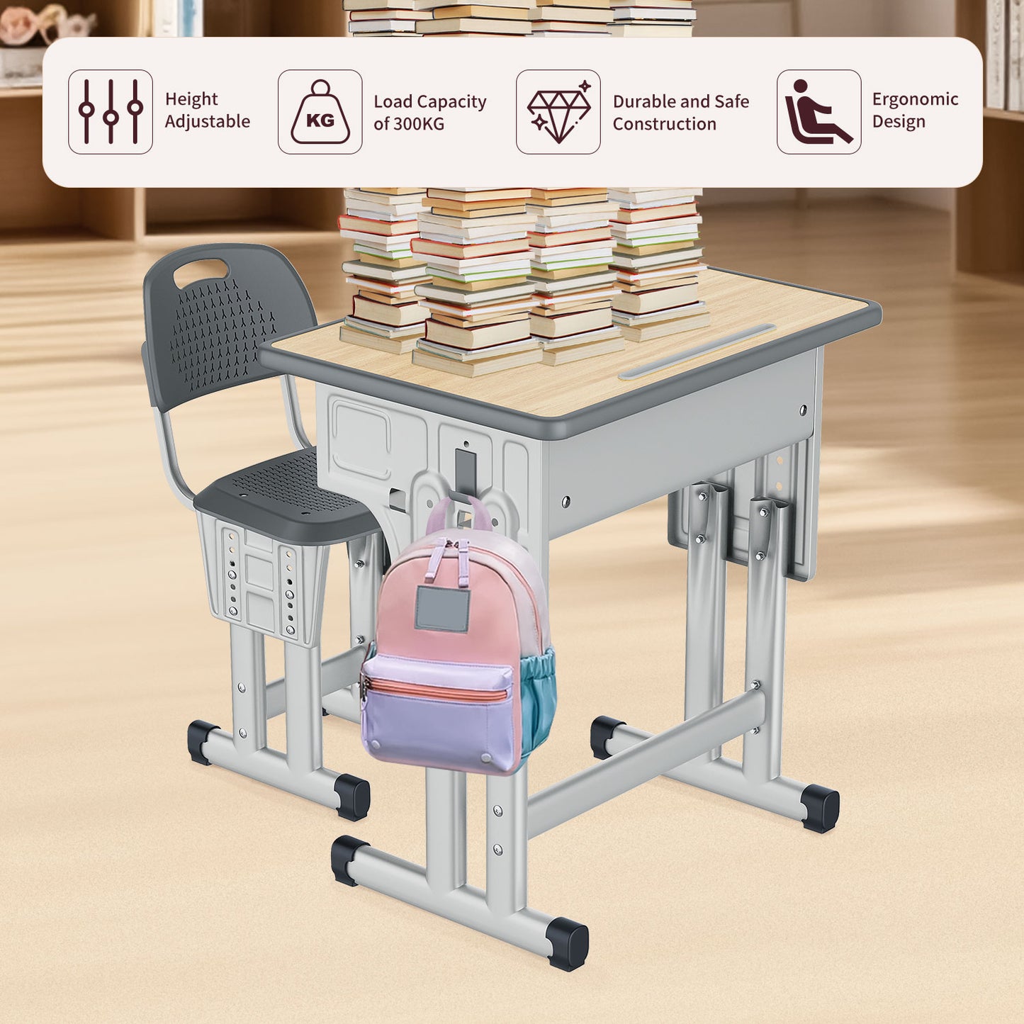 Kids Study Desk and Chair Set, LVYUAN Height Adjustable Children School Study Drawing Desk, Ergonomic Kids Table Desk and Chair Set with Storage Drawer, Hook, Bracket, Pen Slot for Ages 3-18 Gray