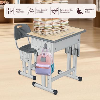 Kids Study Desk and Chair Set, LVYUAN Height Adjustable Children School Study Drawing Desk, Ergonomic Kids Table Desk and Chair Set with Storage Drawer, Hook, Bracket, Pen Slot for Ages 3-18 Gray