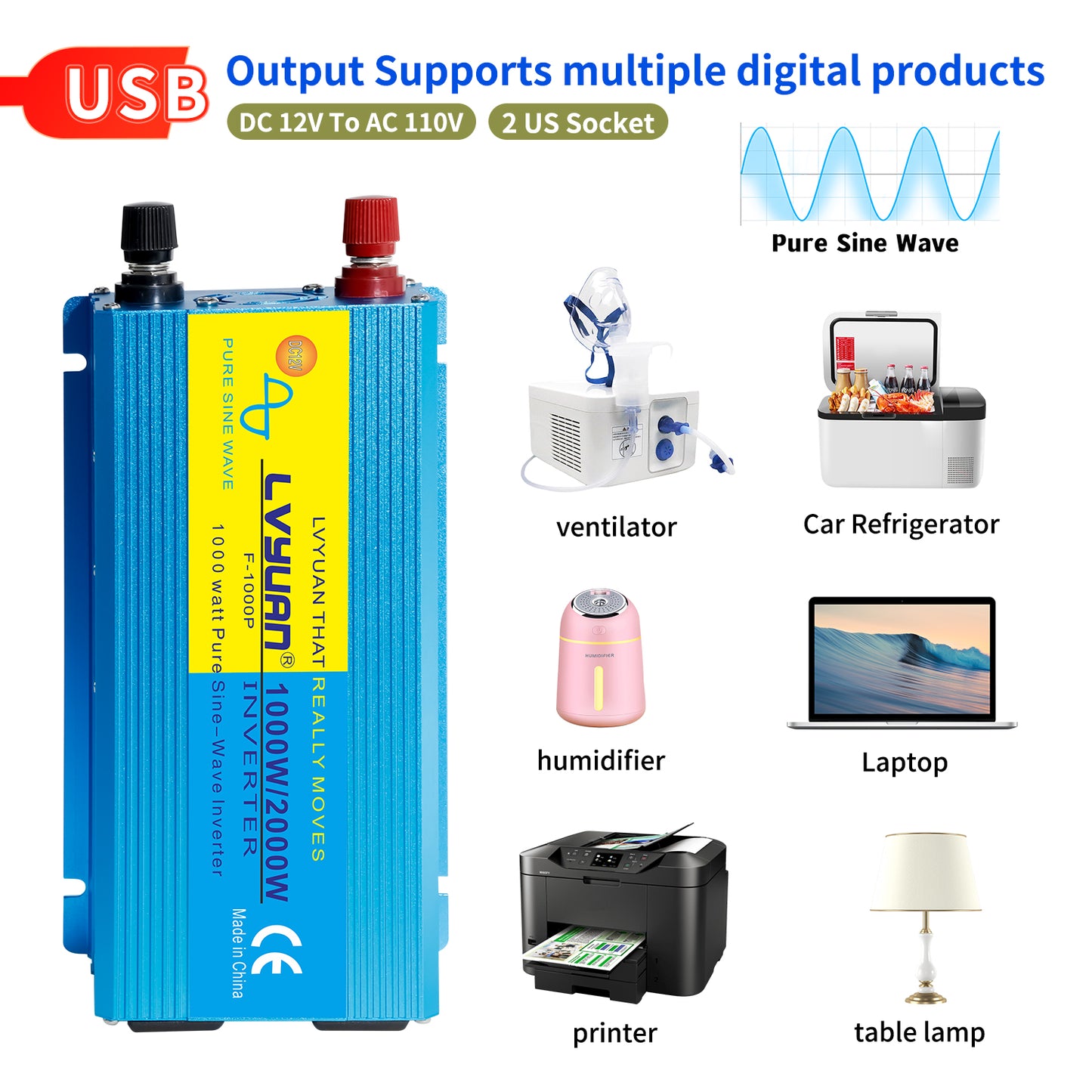 LVYUAN 1000W 2000W Peak Power Inverter DC 12V to AC 110V Pure Sine Wave Car Battery Inverter 2 AC Outlets & 2 USB Charger Adapter for Car, RV, Truck, Camping, Home Backup, Emergency Power