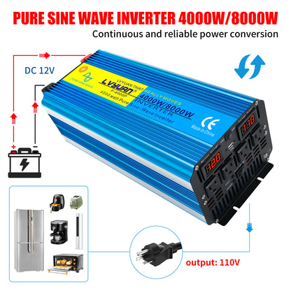 LVYUAN 4000W 8000W Peak Pure Sine Wave Power Inverter 12V DC to 110V AC Converter, 60Hz/50Hz, 4 AC Outlets + USB, LED Display, Remote Control for Car, RV, Camping & Home Backup
