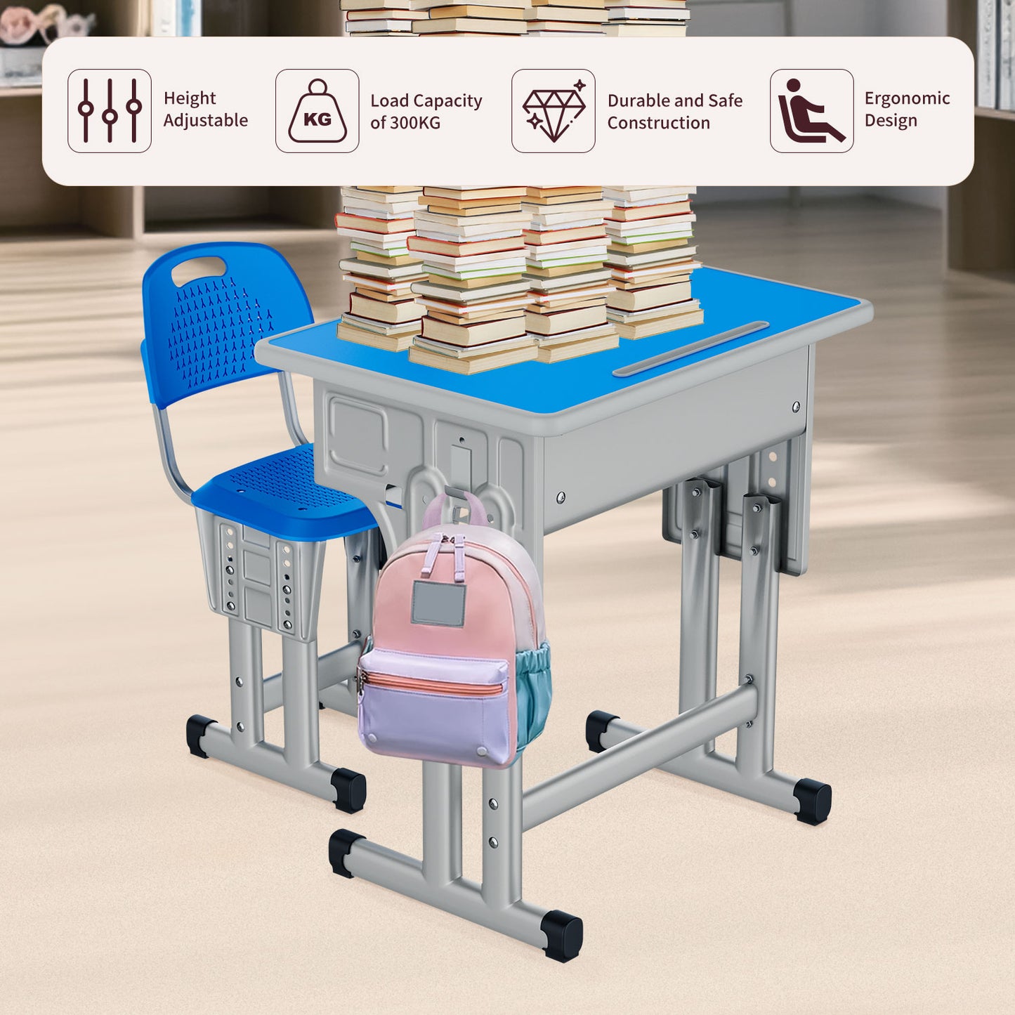 Kids Study Desk and Chair Set, LVYUAN Height Adjustable Children School Study Drawing Desk, Ergonomic Kids Table Desk and Chair Set with Storage Drawer, Hook, Bracket, Pen Slot for Ages 3-18 Blue