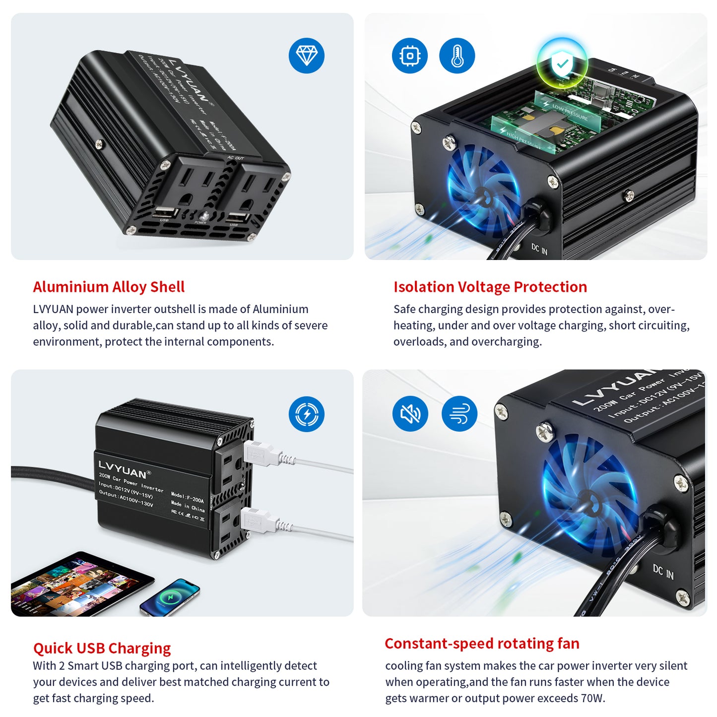 LVYUAN 200W Modified Sine Wave Power Inverter 12V DC to 110V AC Vehicles Converter 2 AC Outlets + 2USB Charger Car Plug Adapter for Laptop, Computer, Car, RV, Camping & Home Black