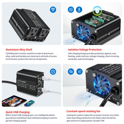 LVYUAN 200W Modified Sine Wave Power Inverter 12V DC to 110V AC Vehicles Converter 2 AC Outlets + 2USB Charger Car Plug Adapter for Laptop, Computer, Car, RV, Camping & Home Black