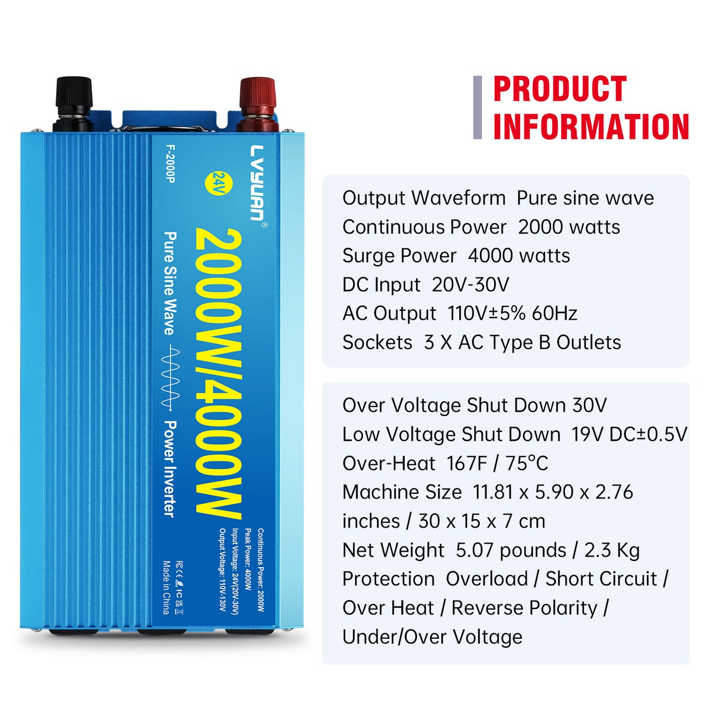 LVYUAN 2000W 4000W Peak Power Inverter DC 24V to AC 110V Pure Sine Wave Car Battery Inverter 3 AC Outlets Charger Adapter LCD Display for Car, RV, Truck, Camping, Home Backup, Emergency Power