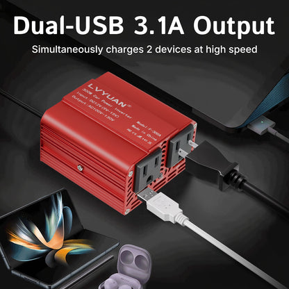 LVYUAN 300W Modified Sine Wave Power Inverter 12V DC to 110V AC Vehicles Converter 2 AC Outlets + 2USB Charger Car Plug Adapter for Laptop, Computer, Car, RV, Camping & Home Red