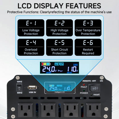 LVYUAN 4000W 8000W Peak Pure Sine Wave Power Inverter 24V DC to 110V AC Converter, 60Hz/50Hz, 4 AC Outlets + USB, LCD Display, Remote Control for Car, RV, Camping & Home Backup Blue