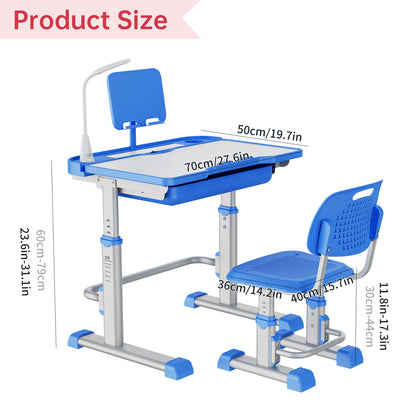 LVYUAN Kids Study Desk and Chair Set Height Adjustable Children School Study Drawing Desk Chair with LED Lamp, Tilt Desktop, Storage Drawer, Book Stand Blue