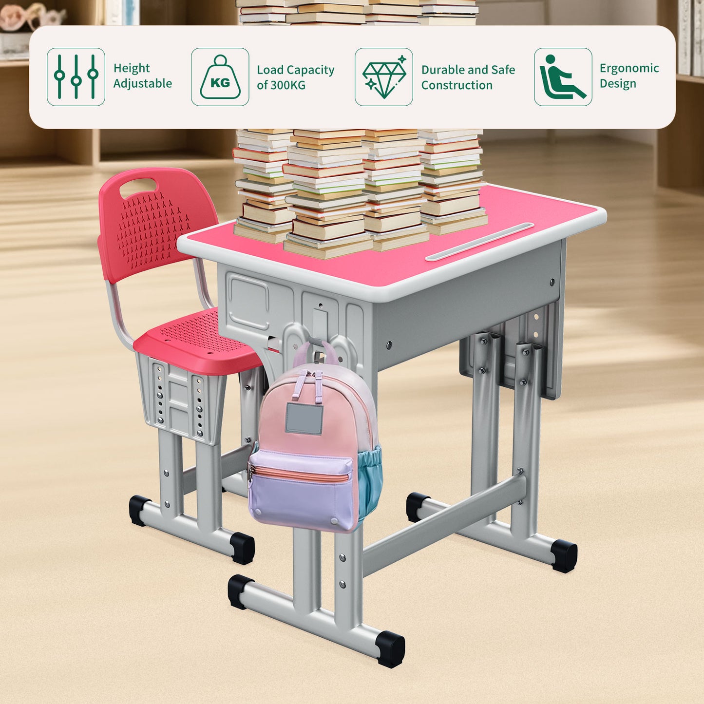 Kids Study Desk and Chair Set, LVYUAN Height Adjustable Children School Study Drawing Desk, Ergonomic Kids Table Desk and Chair Set with Storage Drawer, Hook, Bracket, Pen Slot for Ages 3-18 Pink