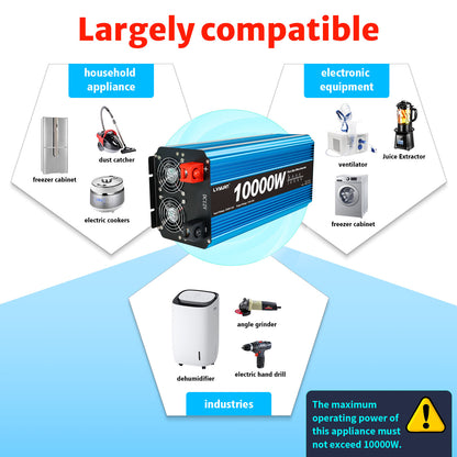 LVYUAN 5000W 10000W Peak Pure Sine Wave Power Inverter 12V DC to 110V AC Converter, 60Hz/50Hz, 4 AC Outlets + USB, LCD Display, Remote Control for Car, RV, Camping & Home Backup Blue