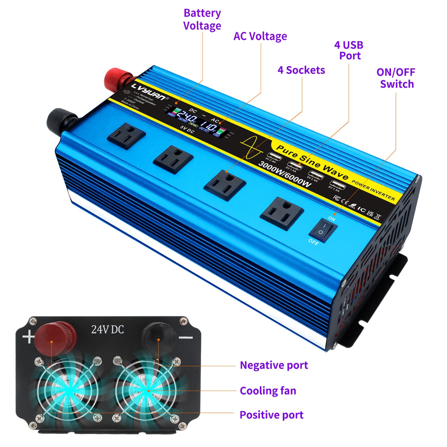 LVYUAN 3000W 6000W Pure Sine Wave Power Inverter DC 24V to AC 110V 120V Car Converter 4 AC Outlets + 4 USB LCD Display with Remote Control for Car, RV, Camping & Home Backup Blue