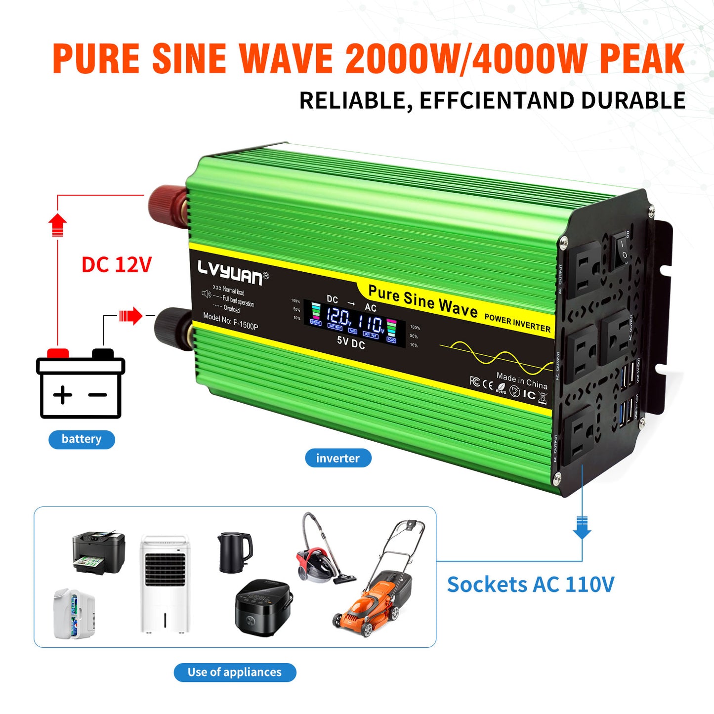 LVYUAN 2000W 4000W Pure Sine Wave Power Inverter DC 12V to AC 110V 120V Car Converter 4 AC Outlets + 4 USB LCD Display with Remote Control for Car, RV, Camping & Home Backup Green