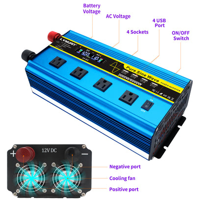 LVYUAN 3000W 6000W Pure Sine Wave Power Inverter DC 12V to AC 110V 120V Car Converter 4 AC Outlets + 4 USB LCD Display with Remote Control for Car, RV, Camping & Home Backup Blue