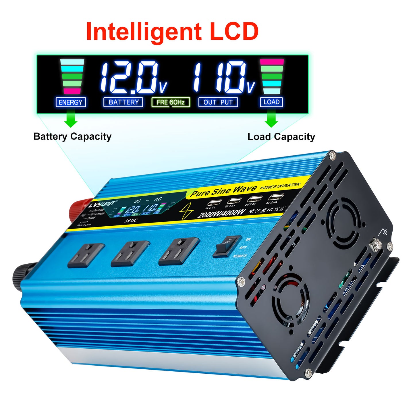 LVYUAN 2000W 4000W Pure Sine Wave Power Inverter DC 12V to AC 110V 120V Car Converter 3 AC Outlets + 4 USB LCD Display with Remote Control for Car, RV, Camping & Home Backup Blue