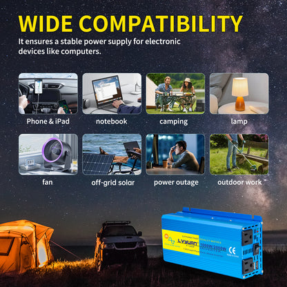 LVYUAN 1000W 2000W Peak Power Inverter DC 24V to AC 110V Pure Sine Wave Car Battery Inverter 2 AC Outlets & 2 USB Charger Adapter for Car, RV, Truck, Camping, Home Backup, Emergency Power