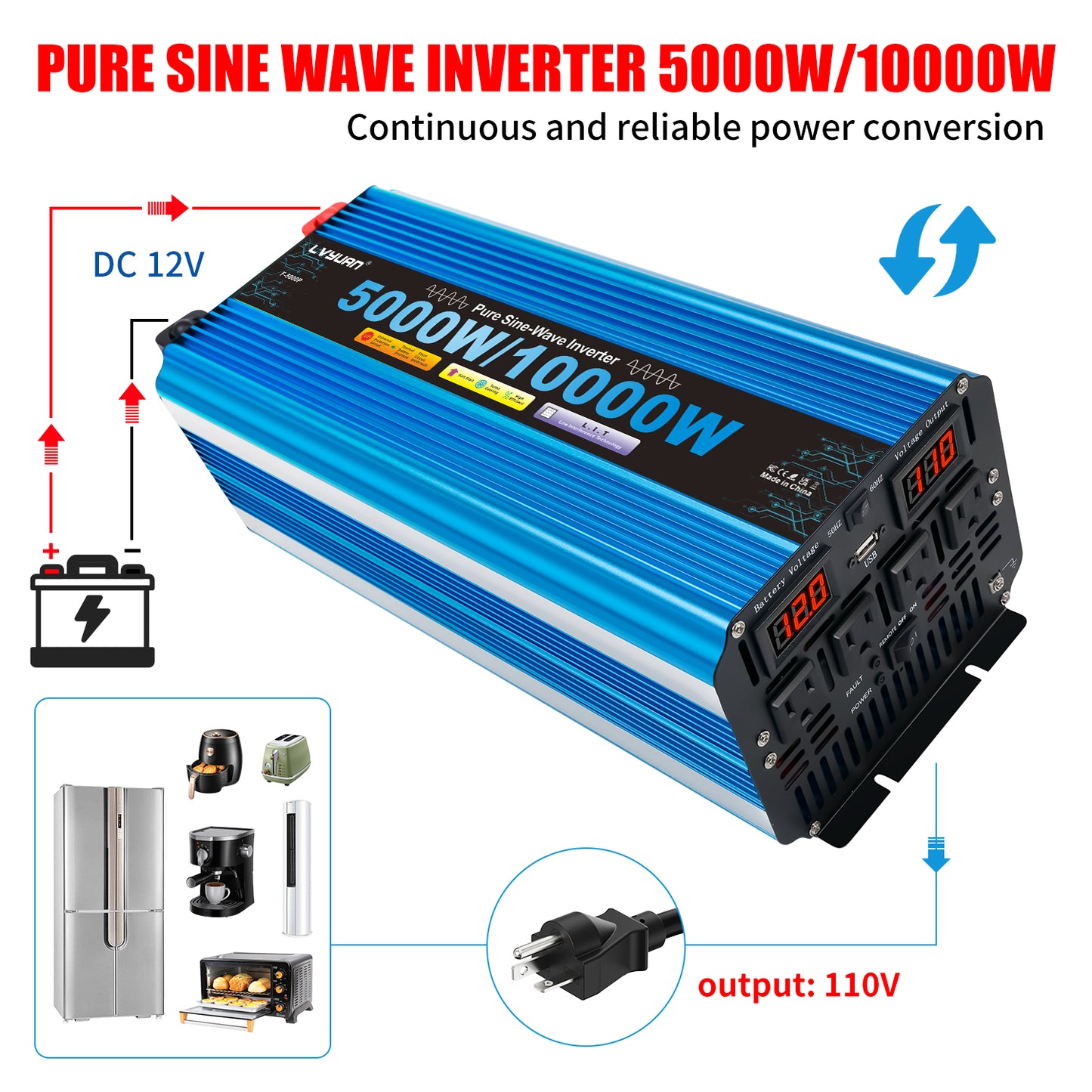LVYUAN 5000W 10000W Peak Pure Sine Wave Power Inverter 12V DC to 110V AC Converter, 60Hz/50Hz, 4 AC Outlets + USB, LED Display, Remote Control for Car, RV, Camping & Home Backup