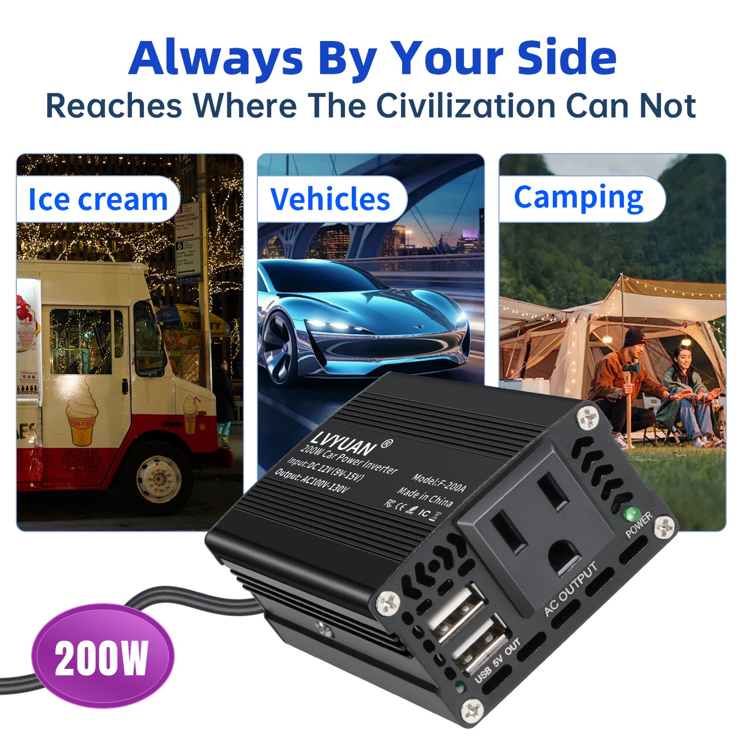 LVYUAN 200Watts Power Inverter Converter Adapter 12V DC to 110V AC Car Charger with 2 USB Ports for Cars, Camping, and Travel