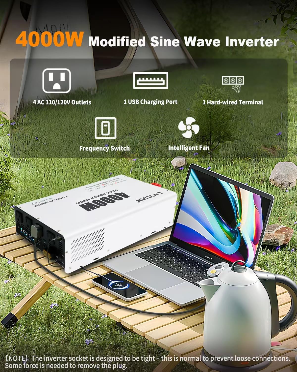 LVYUAN 4000W Power Inverter 12V to 110V/120V DC to AC Converter - 4 AC Outlets, LCD Display, USB Port & Remote Control for RV, Camping & Home
