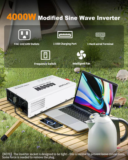 LVYUAN 4000W Power Inverter 12V to 110V/120V DC to AC Converter - 4 AC Outlets, LCD Display, USB Port & Remote Control for RV, Camping & Home