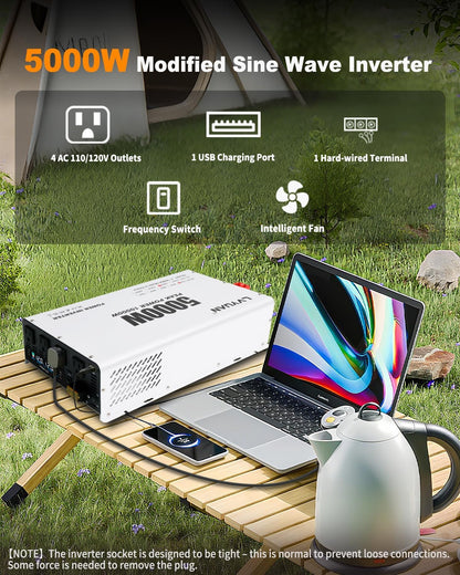 LVYUAN 5000W Power Inverter 12V to 110V/120V DC to AC Converter - 4 AC Outlets, LCD Display, USB Port & Remote Control for RV, Camping & Home