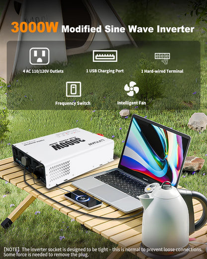 LVYUAN 3000W Power Inverter 12V to 110V/120V DC to AC Converter - 4 AC Outlets, LCD Display, USB Port & Remote Control for RV, Camping & Home