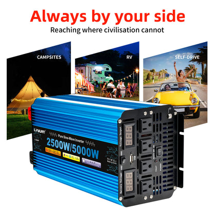 LVYUAN 2500W 5000W Peak Pure Sine Wave Power Inverter 24V DC to 110V AC Converter, 60Hz/50Hz, 4 AC Outlets + USB, LED Display, Remote Control for Car, RV, Camping & Home Backup