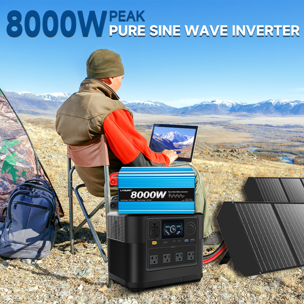 LVYUAN 4000W 8000W Peak Pure Sine Wave Power Inverter 12V DC to 110V AC Converter, 60Hz/50Hz, 4 AC Outlets + USB, LCD Display, Remote Control for Car, RV, Camping & Home Backup Blue