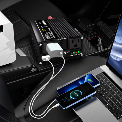 LVYUAN 1500 Watts Peak Power Inverter Modified Sine Wave DC 12V to AC 110V 120V Car Converter 2 AC Outlets + USB Adapter USB Charger for Car, RV, Camping & Home Backup Black