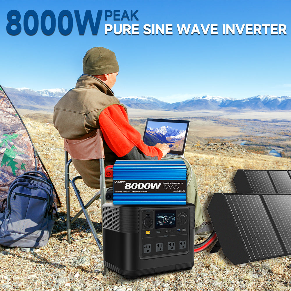 LVYUAN 4000W 8000W Peak Pure Sine Wave Power Inverter 24V DC to 110V AC Converter, 60Hz/50Hz, 4 AC Outlets + USB, LCD Display, Remote Control for Car, RV, Camping & Home Backup Blue