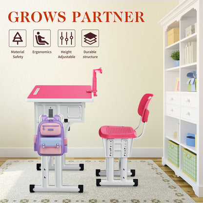Kids Study Desk and Chair Set, LVYUAN Height Adjustable Children School Study Drawing Desk, Ergonomic Kids Table Desk and Chair Set with Storage Drawer, Hook, Bracket, Pen Slot for Ages 3-18 Pink