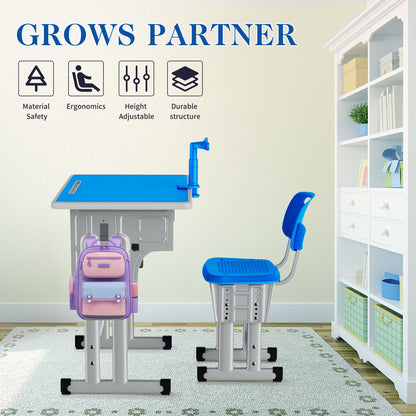 Kids Study Desk and Chair Set, LVYUAN Height Adjustable Children School Study Drawing Desk, Ergonomic Kids Table Desk and Chair Set with Storage Drawer, Hook, Bracket, Pen Slot for Ages 3-18 Blue