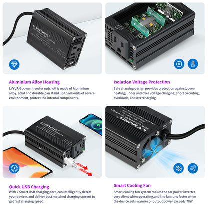 LVYUAN 200W Modified Sine Wave Car Power Inverter, DC 12V to AC 110V Converter with 20W PD USB-C & AC & 3.0 USB Adapter for Vehicles