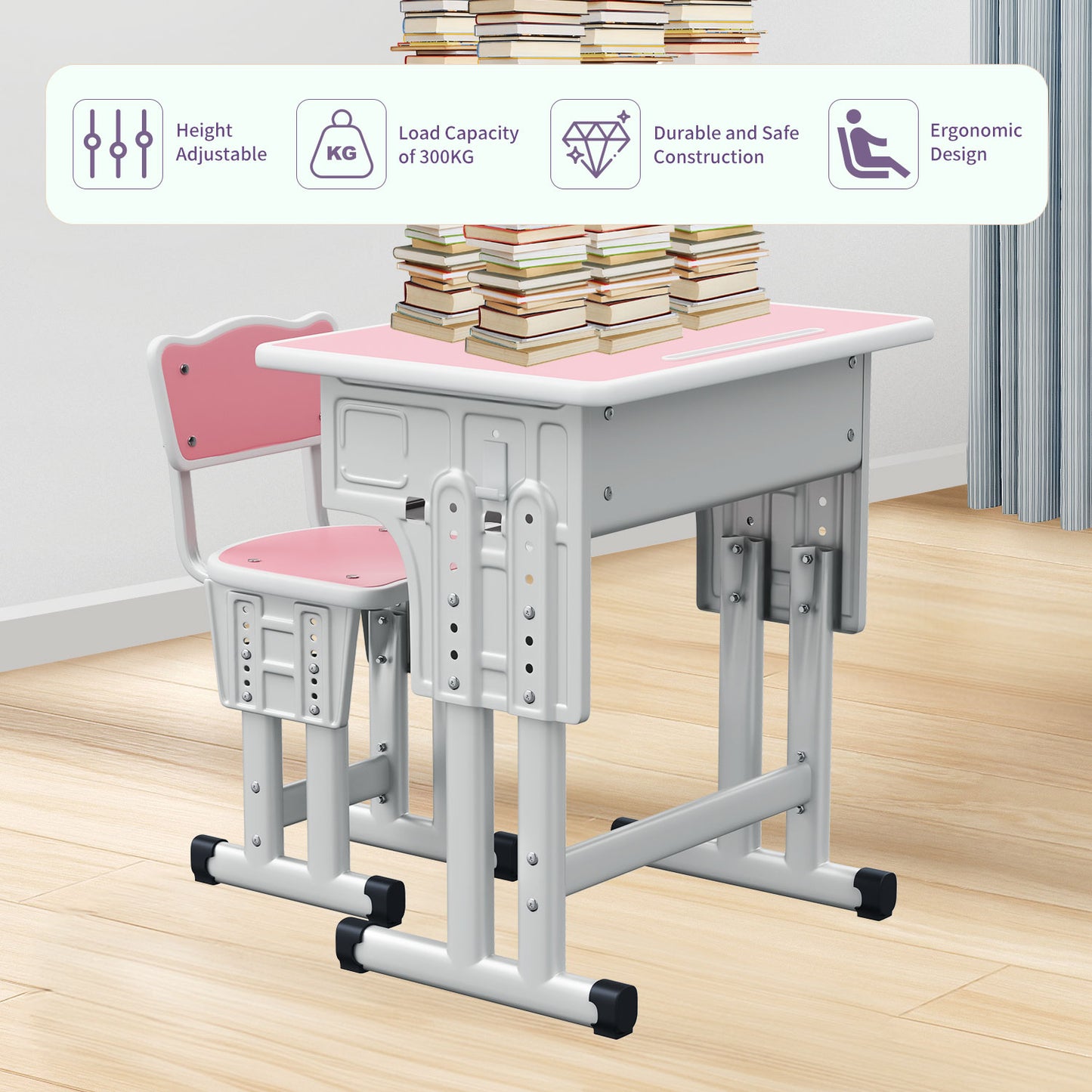 Kids Study Desk and Chair Set, LVYUAN Children School Study Drawing Desk Chair Height Adjustable Kids Table Desk and Chair Set with Storage Drawer, Hook Pink