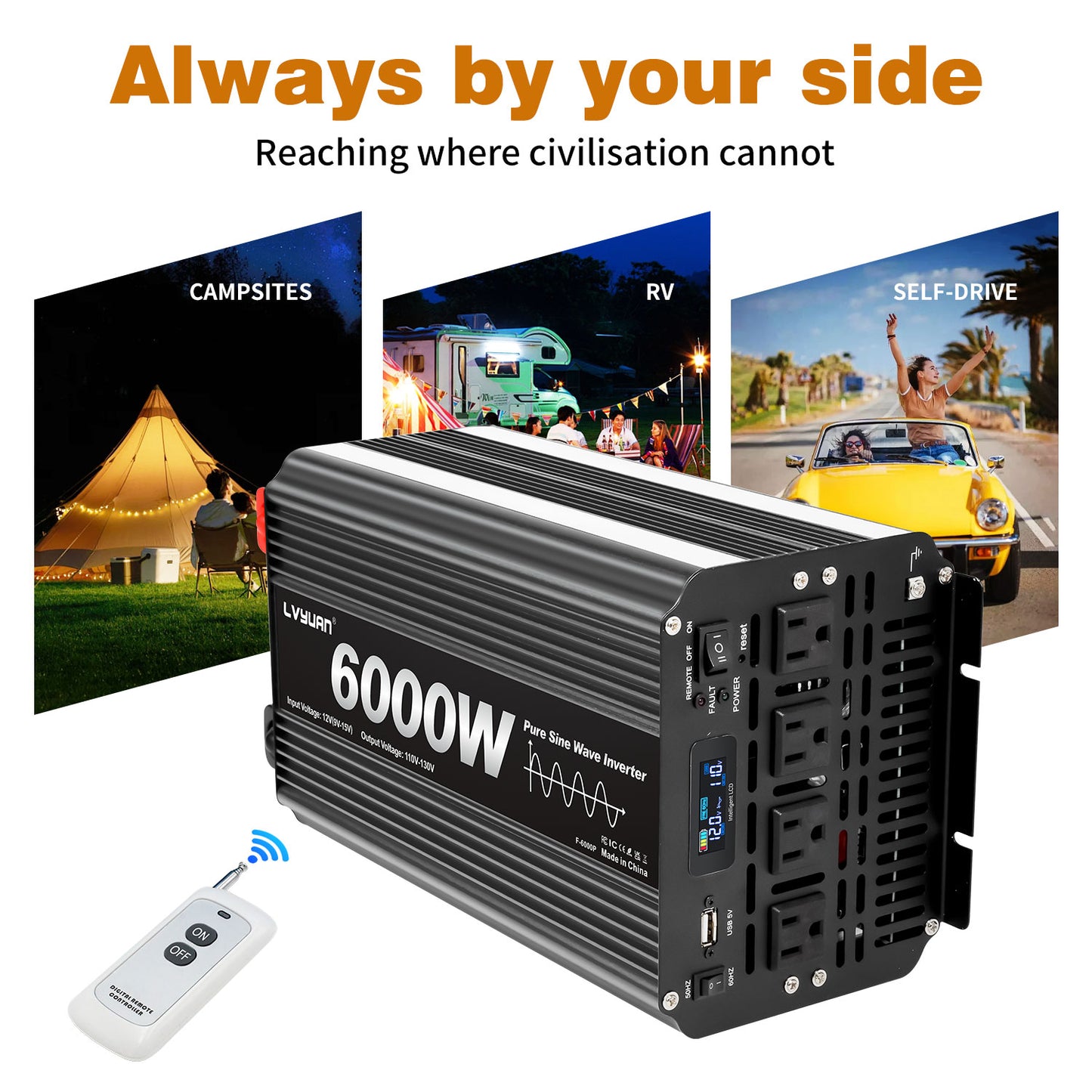LVYUAN 3000W 6000W Peak Pure Sine Wave Power Inverter 12V DC to 110V AC Converter, 60Hz/50Hz, 4 AC Outlets + USB, LCD Display, Remote Control for Car, RV, Camping & Home Backup Black