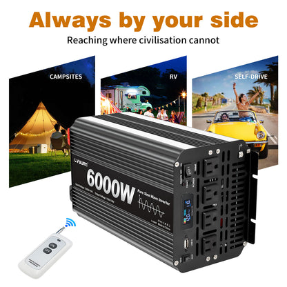 LVYUAN 3000W 6000W Peak Pure Sine Wave Power Inverter 12V DC to 110V AC Converter, 60Hz/50Hz, 4 AC Outlets + USB, LCD Display, Remote Control for Car, RV, Camping & Home Backup Black