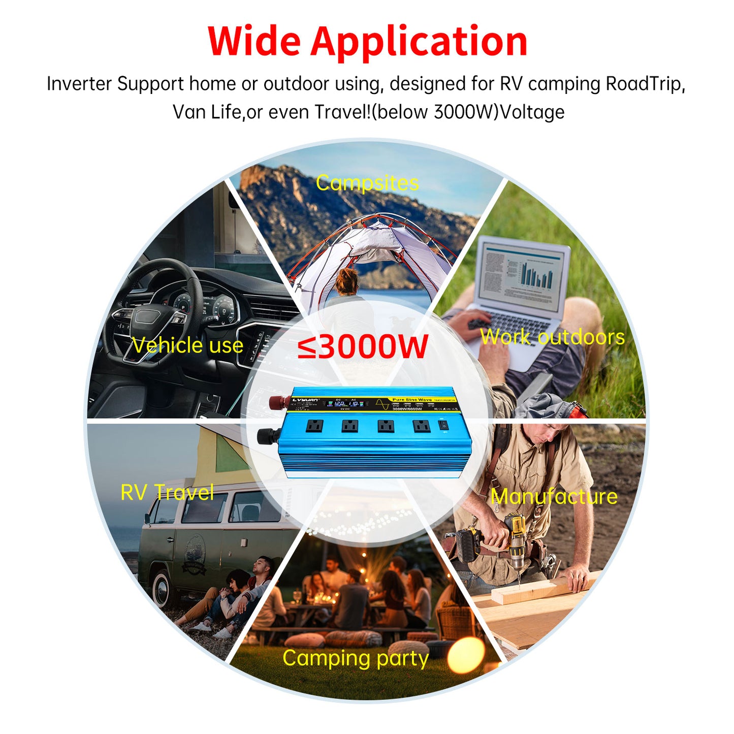 LVYUAN 3000W 6000W Pure Sine Wave Power Inverter DC 12V to AC 110V 120V Car Converter 4 AC Outlets + 4 USB LCD Display with Remote Control for Car, RV, Camping & Home Backup Blue