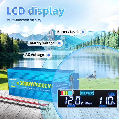 LVYUAN 3000W 6000W Peak Power Inverter DC 12V to AC 110V Pure Sine Wave Car Battery Inverter 3 AC Outlets & 2 USB Charger Adapter LCD Display for Car, RV, Truck, Camping, Home Backup, Emergency Power
