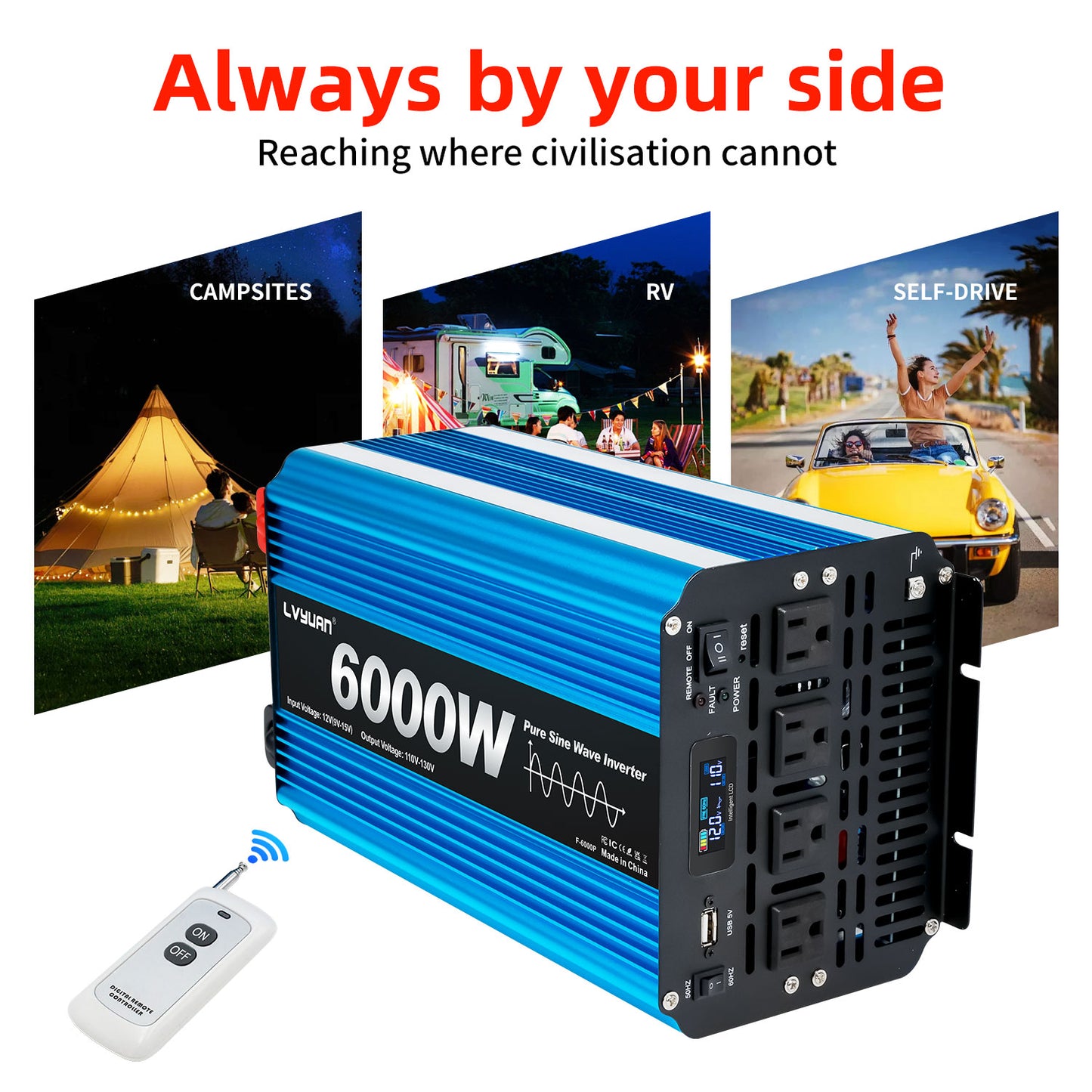 LVYUAN 3000W 6000W Peak Pure Sine Wave Power Inverter 12V DC to 110V AC Converter, 60Hz/50Hz, 4 AC Outlets + USB, LCD Display, Remote Control for Car, RV, Camping & Home Backup Blue