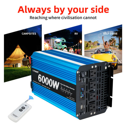 LVYUAN 3000W 6000W Peak Pure Sine Wave Power Inverter 12V DC to 110V AC Converter, 60Hz/50Hz, 4 AC Outlets + USB, LCD Display, Remote Control for Car, RV, Camping & Home Backup Blue