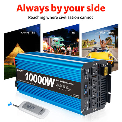 LVYUAN 5000W 10000W Peak Pure Sine Wave Power Inverter 12V DC to 110V AC Converter, 60Hz/50Hz, 4 AC Outlets + USB, LCD Display, Remote Control for Car, RV, Camping & Home Backup Blue