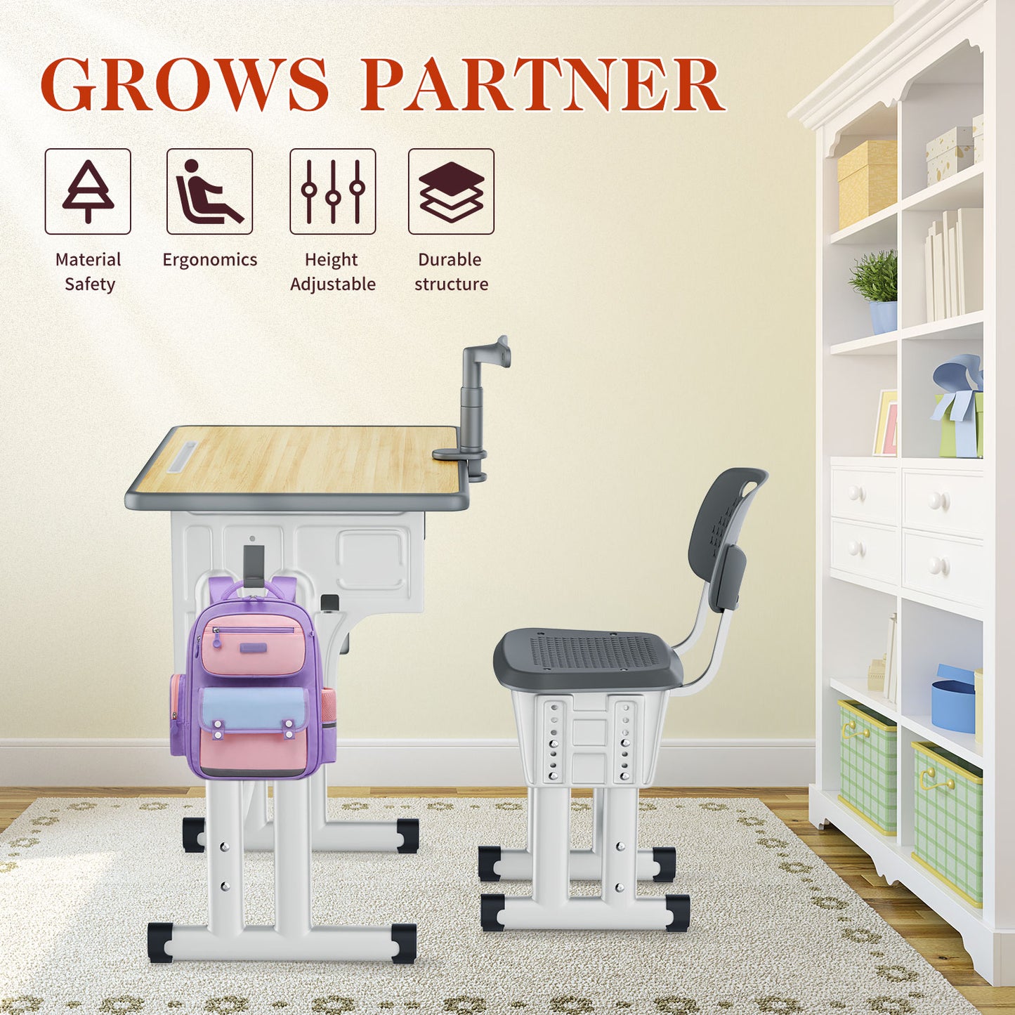 Kids Study Desk and Chair Set, LVYUAN Height Adjustable Children School Study Drawing Desk, Ergonomic Kids Table Desk and Chair Set with Storage Drawer, Hook, Bracket, Pen Slot for Ages 3-18 Gray