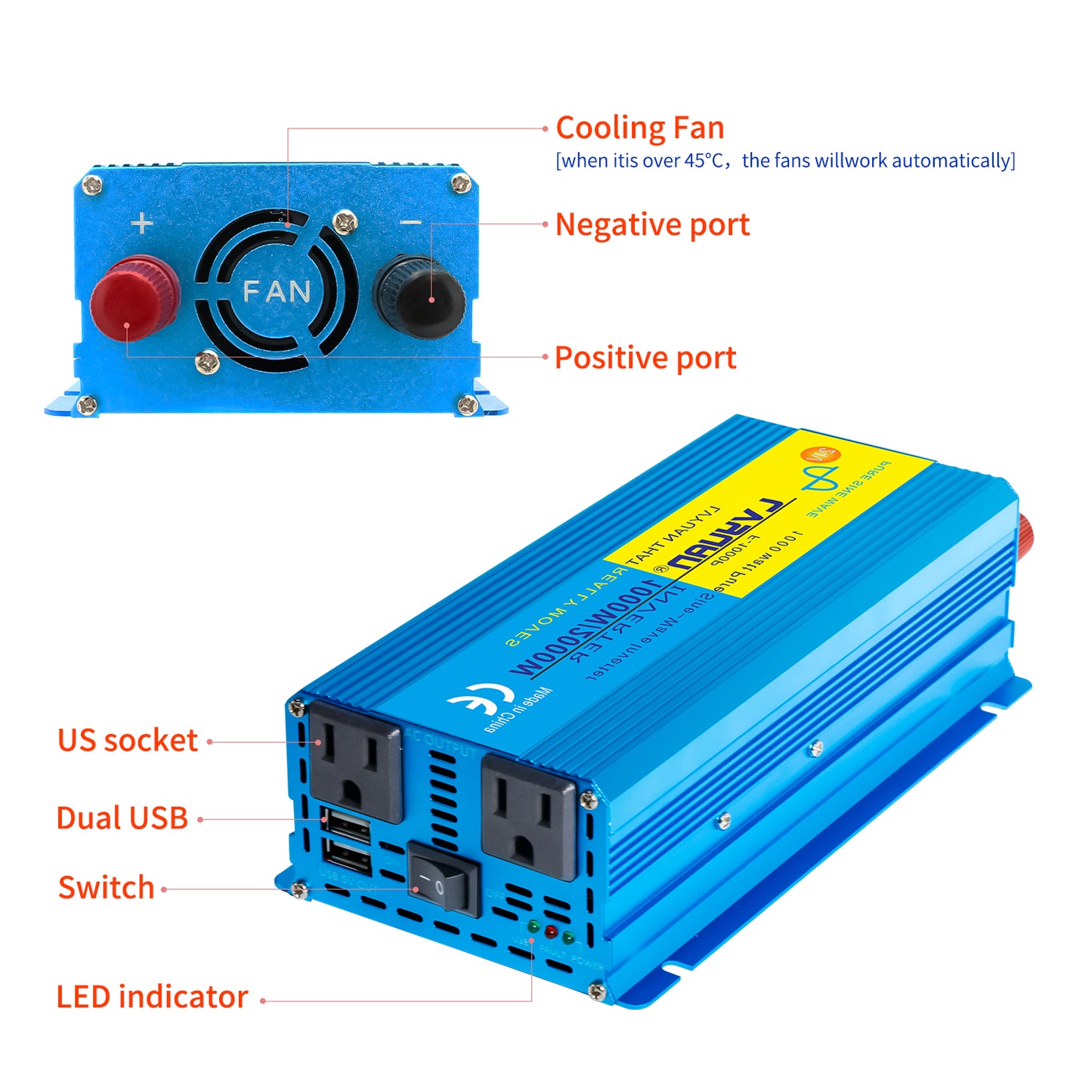 LVYUAN 1000W 2000W Peak Power Inverter DC 24V to AC 110V Pure Sine Wave Car Battery Inverter 2 AC Outlets & 2 USB Charger Adapter for Car, RV, Truck, Camping, Home Backup, Emergency Power