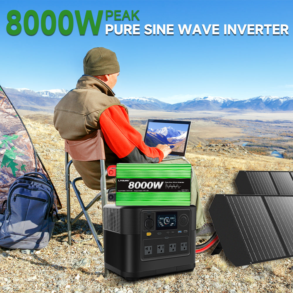 LVYUAN 4000W 8000W Peak Pure Sine Wave Power Inverter 12V DC to 110V AC Converter, 60Hz/50Hz, 4 AC Outlets + USB, LCD Display, Remote Control for Car, RV, Camping & Home Backup Green