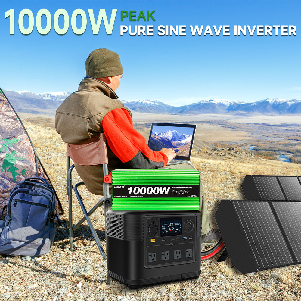 LVYUAN 5000W 10000W Peak Pure Sine Wave Power Inverter 12V DC to 110V AC Converter, 60Hz/50Hz, 4 AC Outlets + USB, LCD Display, Remote Control for Car, RV, Camping & Home Backup Green