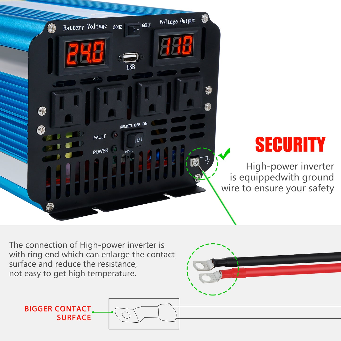 LVYUAN 5000W 10000W Peak Pure Sine Wave Power Inverter 24V DC to 110V AC Converter, 60Hz/50Hz, 4 AC Outlets + USB, LED Display, Remote Control for Car, RV, Camping & Home Backup