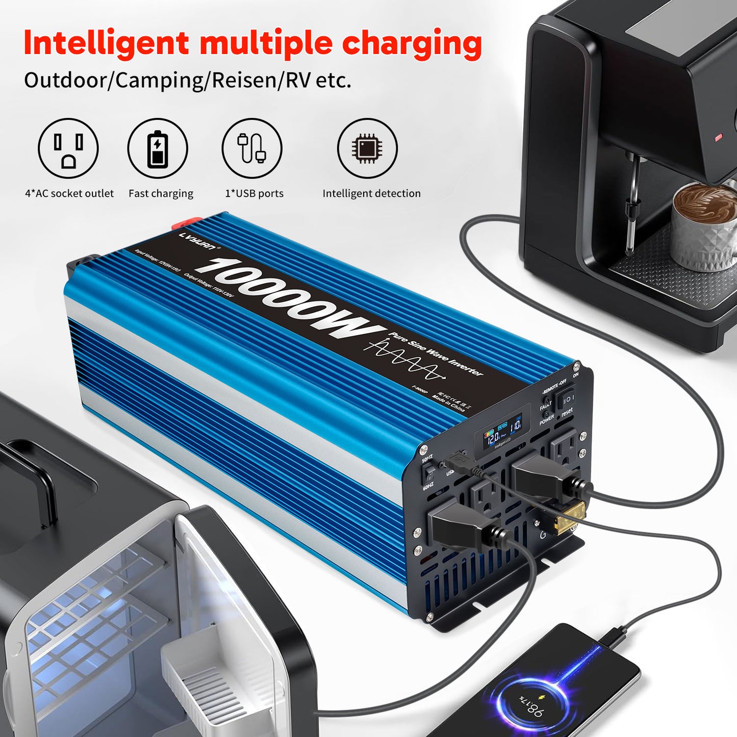 LVYUAN 5000W 10000W Peak Pure Sine Wave Power Inverter 12V DC to 110V AC Converter, 60Hz/50Hz, 4 AC Outlets + USB, LCD Display, Remote Control for Car, RV, Camping & Home Backup Blue