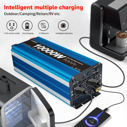 LVYUAN 5000W 10000W Peak Pure Sine Wave Power Inverter 12V DC to 110V AC Converter, 60Hz/50Hz, 4 AC Outlets + USB, LCD Display, Remote Control for Car, RV, Camping & Home Backup Blue