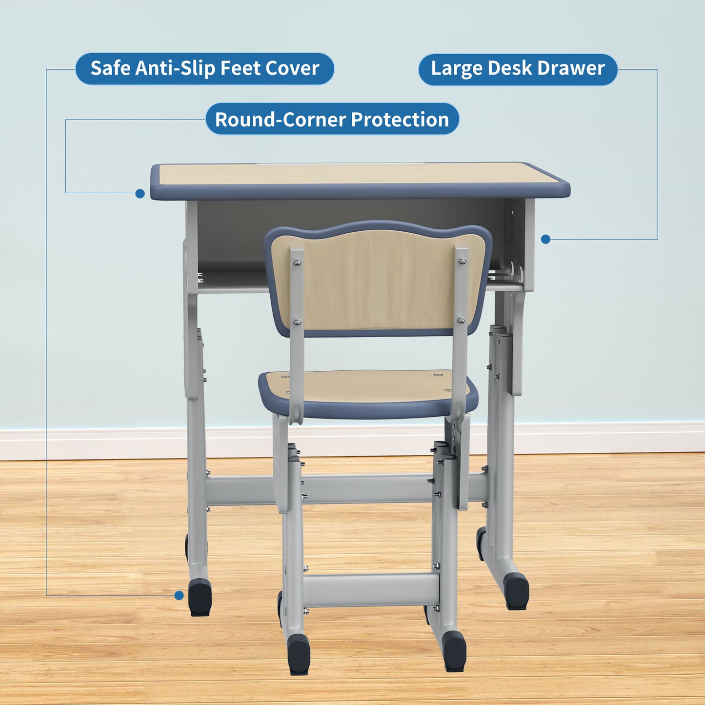 Kids Study Desk and Chair Set, LVYUAN Children School Study Drawing Desk Chair Height Adjustable Kids Table Desk and Chair Set with Storage Drawer, Hook Gray